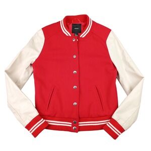 Forever 21 Women's S Red Cream Snap Button Bomber Varsity Jacket Casual Coat
